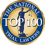 badge with text 'The National Top 100 Trial Lawyers' and lady liberty holding scales of justice in background